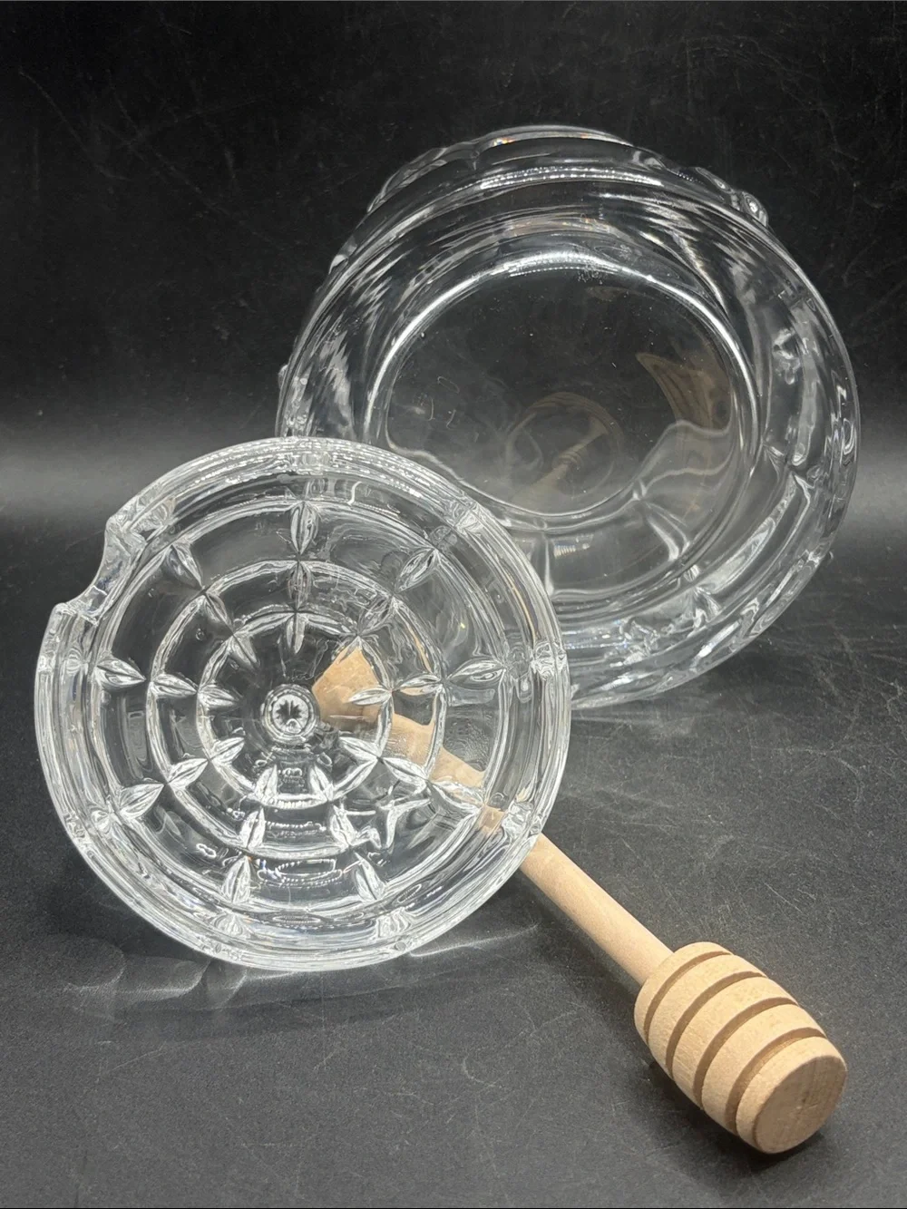 Crystal Beehive Honey Jar with Wooden Honey Dipper, Lidded Cottagecore Bee Jar